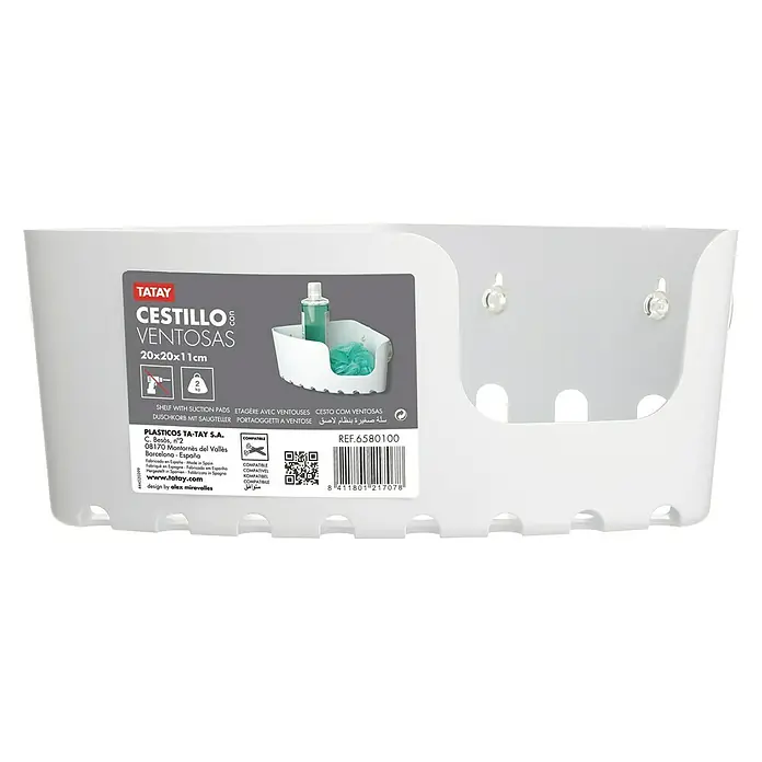 Tatay Cesta de baño angular Standard - L x An x Al: 20 x 20 x 11 cm, Blanco - Cesta de ducha blanca de pared con ventosas para accesorios de baño.