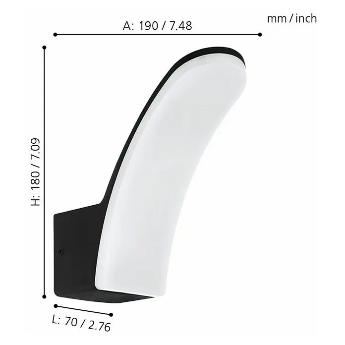 Eglo Aplique exterior LED Fiumicino - 11 W, 11 x 8 x 18 cm, Negro, IP44 - Lámpara de pared con dimensiones de altura 180mm/7.09inch, longitud 70mm/2.76inch y anchura 190mm/7.48inch.