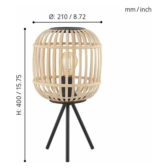 Eglo Bordesley Lámpara de sobremesa - 28 W, Ø x Al: 21 x 40 cm, Marrón claro, E27 - Lámpara de mesa con pantalla de bambú y trípode negro, diseño moderno para espacios habitables.