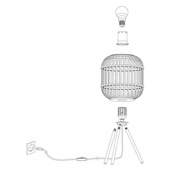 Eglo Bordesley Lámpara de sobremesa - 28 W, Ø x Al: 21 x 40 cm, Marrón claro, E27 - La imagen muestra una vista esquemática de una lámpara desmontada con diseño de jaula, que consta de una pantalla, bombilla y trípode.