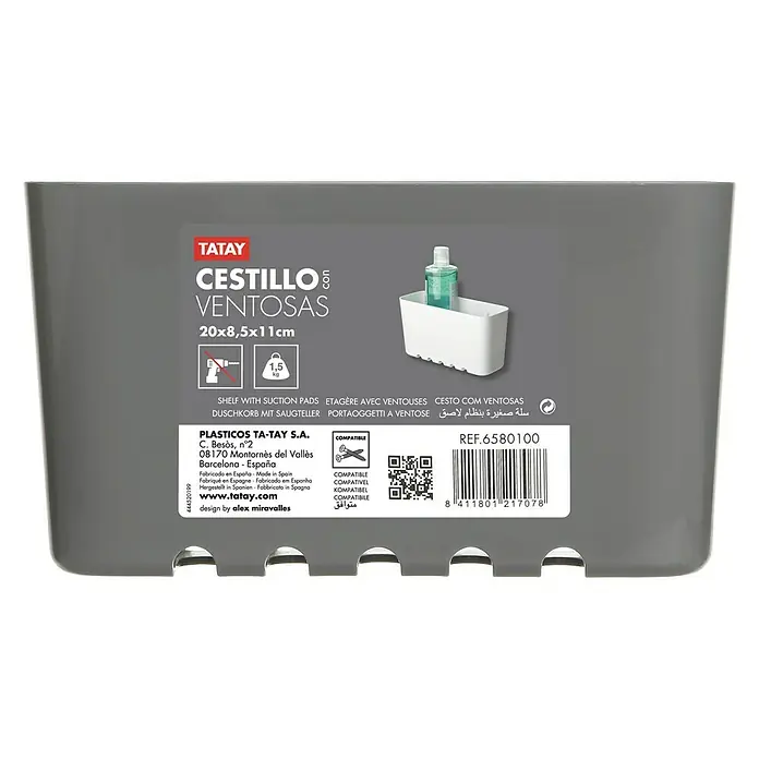 Tatay Standard Cesta de baño - L x An x Al: 8,5 x 20 x 11 cm, Gris - Estante con ventosas gris Tatay Cestillo Ventosas, 20x8,5x11cm, ideal para organizar accesorios de baño y objetos pequeños. Solución de almacenamiento práctica.