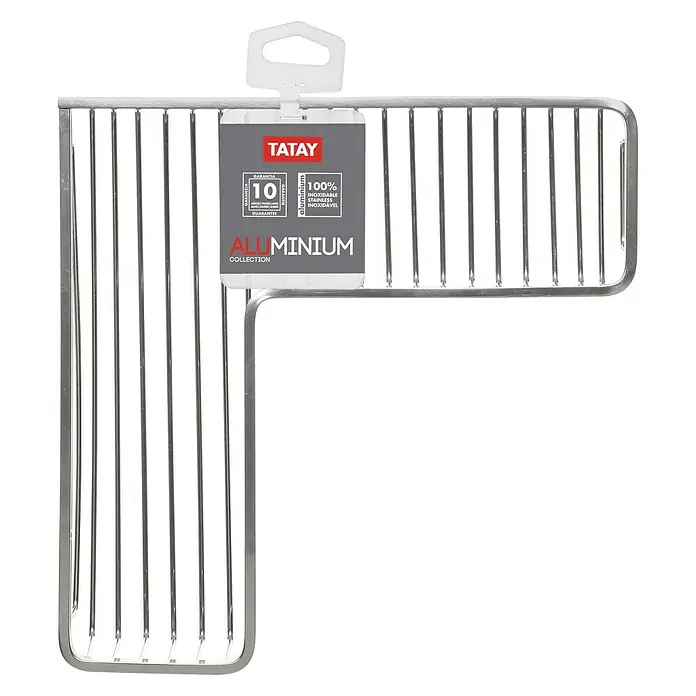 Tatay Aluminium Cesta de baño angular - L x An x Al: 30 x 30 x 8,5 cm, Plateado - Imagen de un escurreplatos de aluminio TAYTAY. Ideal para la cocina, con un diseño de rejilla y una etiqueta que destaca la colección de aluminio.