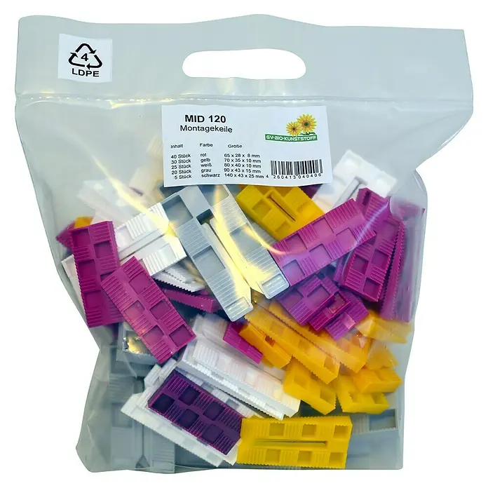 Montagekeile - 120 Stk., Geeignet für: Fenstermontage - Eine durchsichtige Plastiktüte gefüllt mit MID 120 Montagekeilen in verschiedenen Farben und Größen.