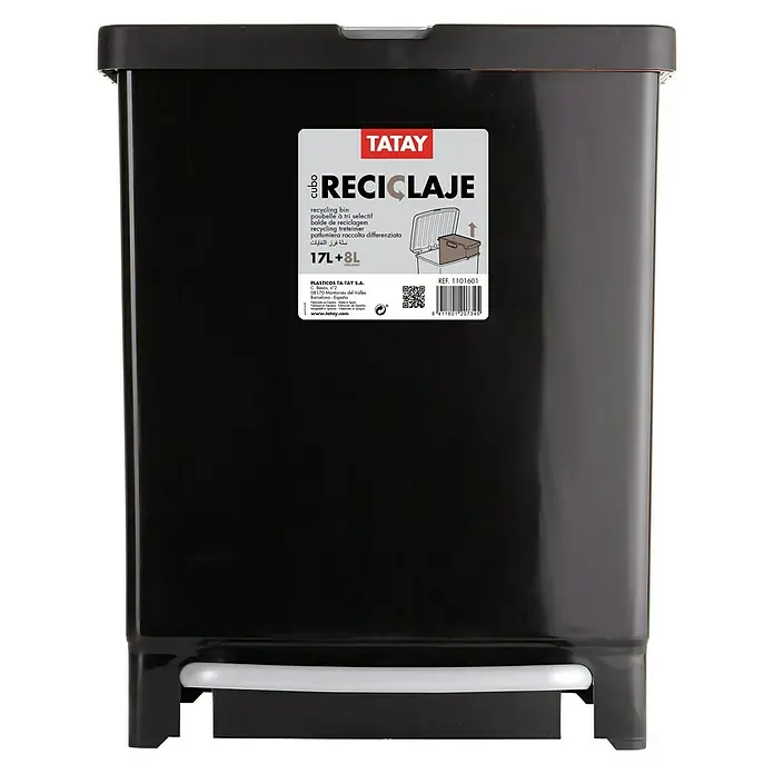 Tatay Papelera estándar Reciclaje - 25 l, Negro, Rectangular, Plástico - Cubo de reciclaje negro Tatay con pedal y capacidad de 17L+8L para una fácil separación de residuos domésticos.