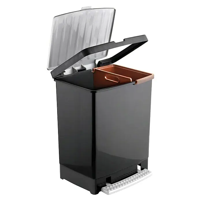 Tatay Papelera estándar Reciclaje - 25 l, Negro, Rectangular, Plástico - El elegante cubo con pedal y compartimentos separados ofrece una solución práctica para clasificar los residuos.