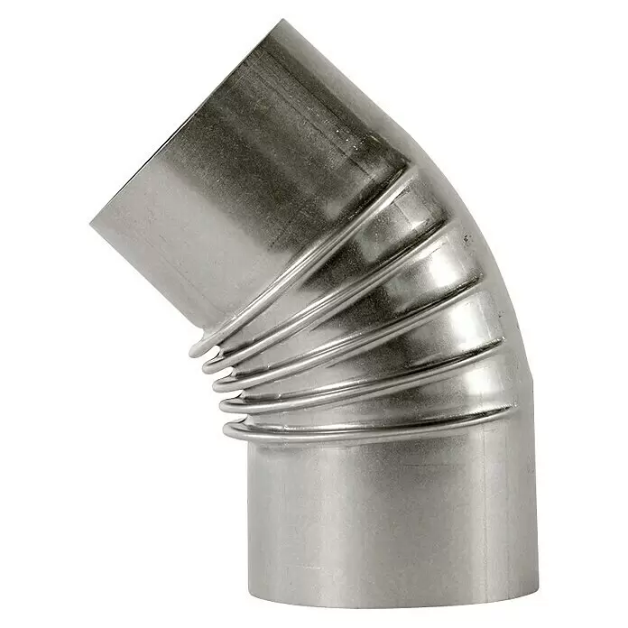 Ofenrohrbogen - Durchmesser: 90 mm, 45 °, Silber, Ohne Reinigungsöffnung - Silbernes Metall-Bogenrohr für Lüftungssysteme, mit gerippter Konstruktion.