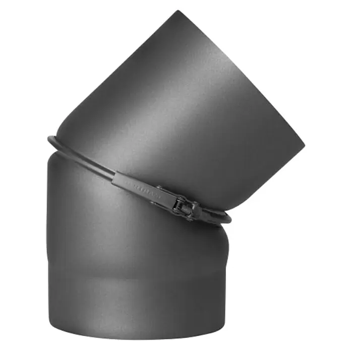 Bertrams Ofenrohrbogen - Durchmesser: 150 mm, 0 ° - 45 °, Senotherm lackiert, Gussgrau - Ein graues Ofenrohr-Winkelstück mit einer Metallschelle zur sicheren Verbindung der Rohre.