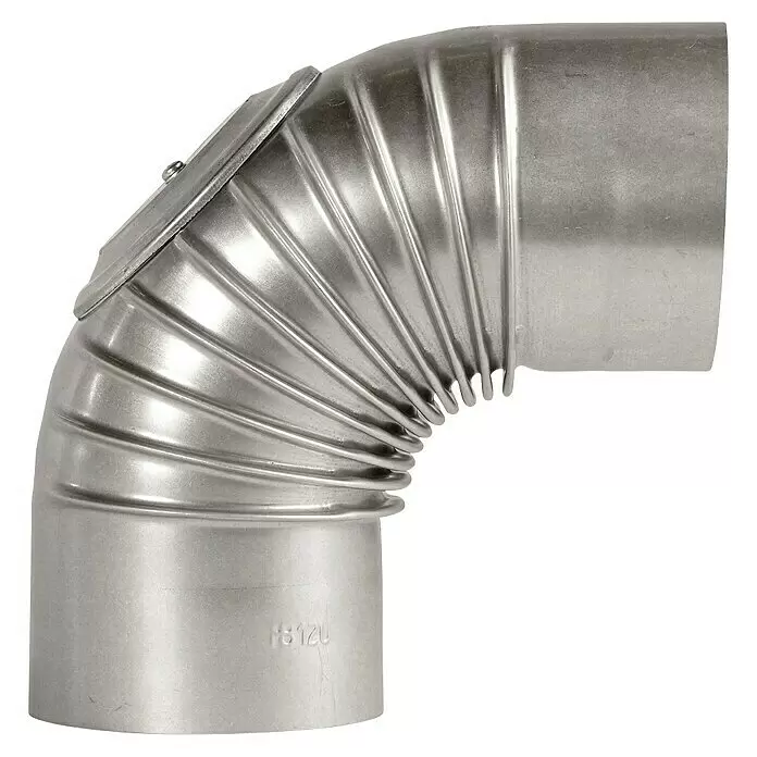 Ofenrohrbogen - Durchmesser: 200 mm, 90 °, Silber, Mit Reinigungsöffnung - Metall-Wellrohrbogen mit Revisionsklappe.