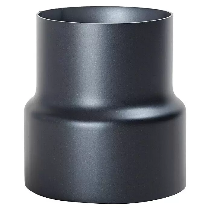 Ofenrohr - Ø x L: 120 x 160 mm, Senotherm lackiert, Schwarz - Schwarzes metallisches Lüftungskanal-Reduzierstück, das sich von einem weiteren zu einem engeren Durchmesser verjüngt.