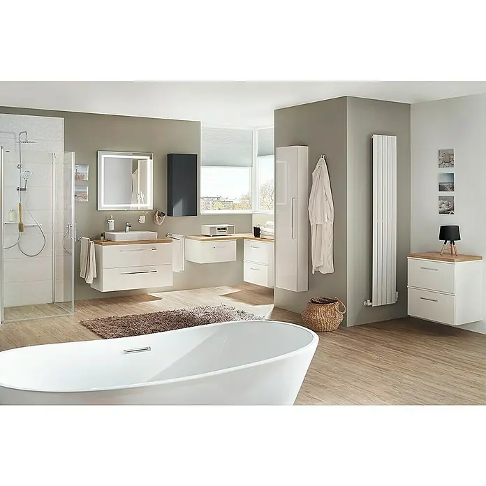 Camargue Espacio Unterschrank - 40 x 46 x 60 cm, Mira - Helles Badezimmer mit freistehender Badewanne, Waschtisch mit Unterschrank, Handtuchwärmer und beleuchtetem Spiegel für ein modernes Ambiente.