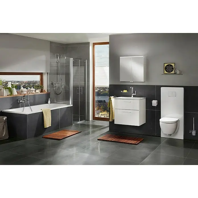 VitrA LED-Spiegelschrank - B x H: 60 x 62 cm, Mit Beleuchtung, Weiß - Elegantes Badezimmer mit weißen Sanitärartikeln wie Toilette und Waschbecken, ergänzt durch graue Fliesen und Holzakzente für einen modernen Look.