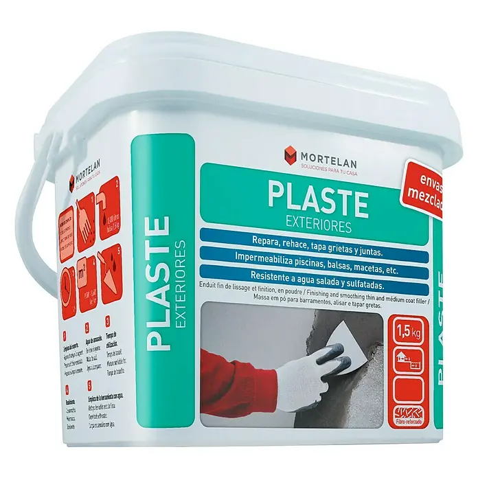 Gecol Masilla Plaste exteriores Mortelan - 1,5 kg - Un cubo de Mortelan Plaste Exteriores, un relleno para exteriores, ideal para reparar y alisar superficies.