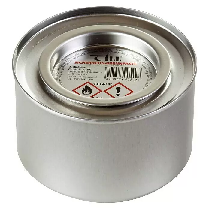 Sicherheitsbrennpaste - 200 g - Silberne Metalldose mit Sicherheits-Brennpaste und Warnetiketten.