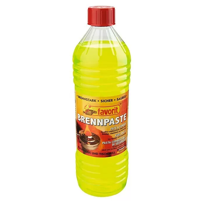 Brennpaste - 1 l - Große transparente Plastikflasche mit gelber Brennpaste für Fondue, rotem Schraubverschluss und 'favorit BRENNPASTE' Etikett.