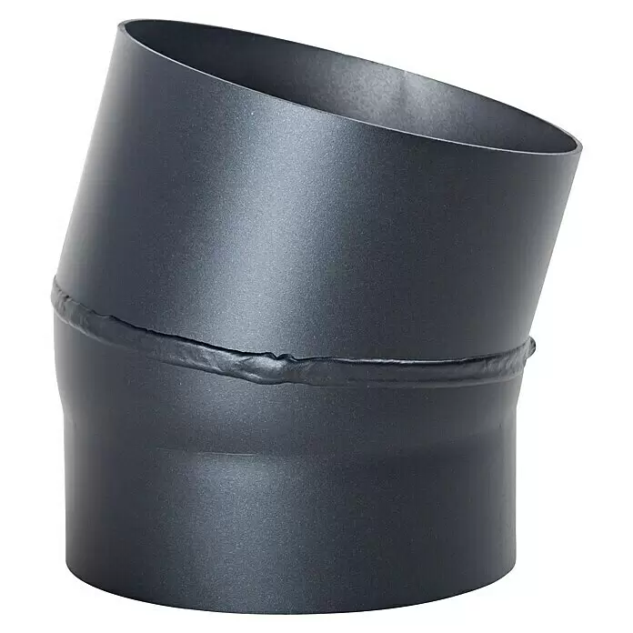 Ofenrohrbogen - Durchmesser: 150 mm, 15 °, Schwarz - Dunkelgraues, abgewinkeltes Metallrohr mit sichtbarer Schweißnaht, für Abgas- oder Lüftungssysteme.