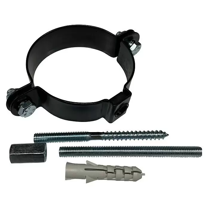 Rohrhalter - Durchmesser: 80 mm, Schwarz - Schwarze Rohrschelle mit Metallschrauben, Gewindestange und Dübel für sichere Rohrinstallation.