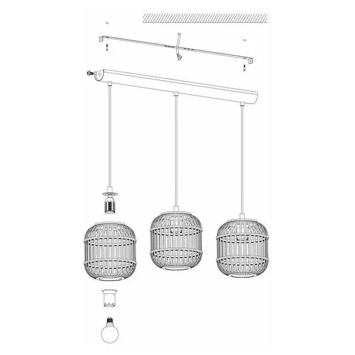 Eglo Bordesley Lámpara colgante redonda - 28 W, L x An x Al: 91 x 210 x 110 cm, Marrón claro, E27 - Un dibujo lineal detallado de una lámpara colgante de tres luces, con pantallas redondas de ratán que prometen crear un ambiente acogedor y agradable.
