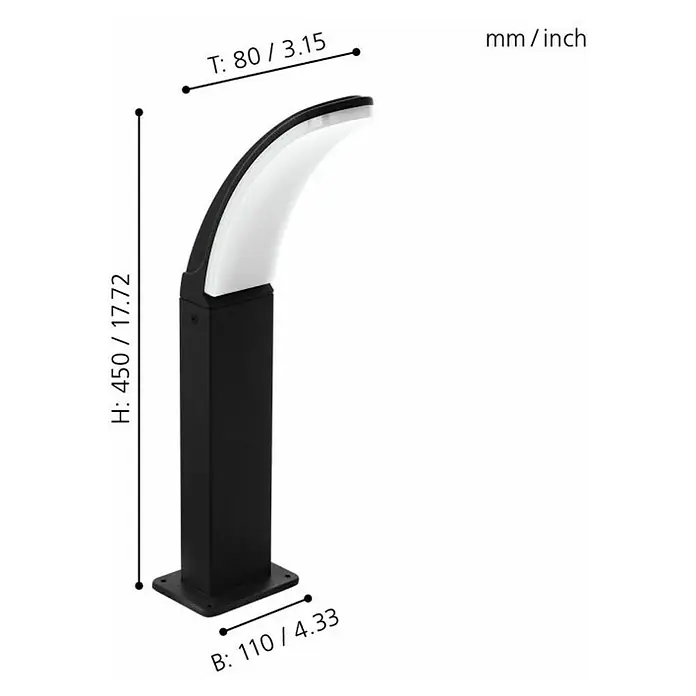 Eglo Sobremuro exterior Fiumicino - 11 W, Color del marco: Negro, Blanco cálido, 11 x 8 x 45 cm, Con bombillas - Imagen del producto de una lámpara de exterior elegante con dimensiones en milímetros y pulgadas para especificaciones detalladas del producto.