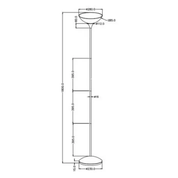 Trio Lighting Lámpara de pie Dezwo - 100 W, Altura: 180 cm, Plateado, E27 - Ilustración de una lámpara de pie con dimensiones. La lámpara tiene una altura total de 1800 mm y un diámetro de pantalla de 280 mm.