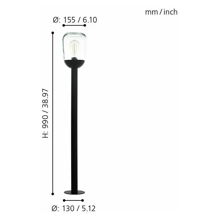 Eglo Donatori Lámpara de pie para exterior - 60 W, Color del marco: Negro, 15,5 x 15,5 x 99 cm, Sin bombillas - Imagen de una lámpara de pie con dimensiones altura 990 mm, diámetro superior 155 mm y diámetro inferior 130 mm.