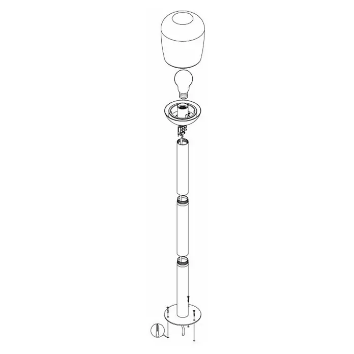 Eglo Donatori Lámpara de pie para exterior - 60 W, Color del marco: Negro, 15,5 x 15,5 x 99 cm, Sin bombillas - Ilustración de una lámpara de pie con pantalla, bombilla, casquillo, poste y base.