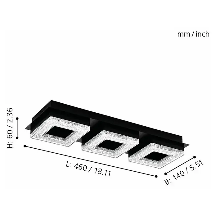 Eglo Plafón LED para pared y techo Fradelo 1 - 12 W, L x An x Al: 46 x 14 x 6 cm, Negro/blanco, Blanco cálido - Dimensiones de la lámpara de techo LED con tres luminarias cuadradas en blanco y negro.