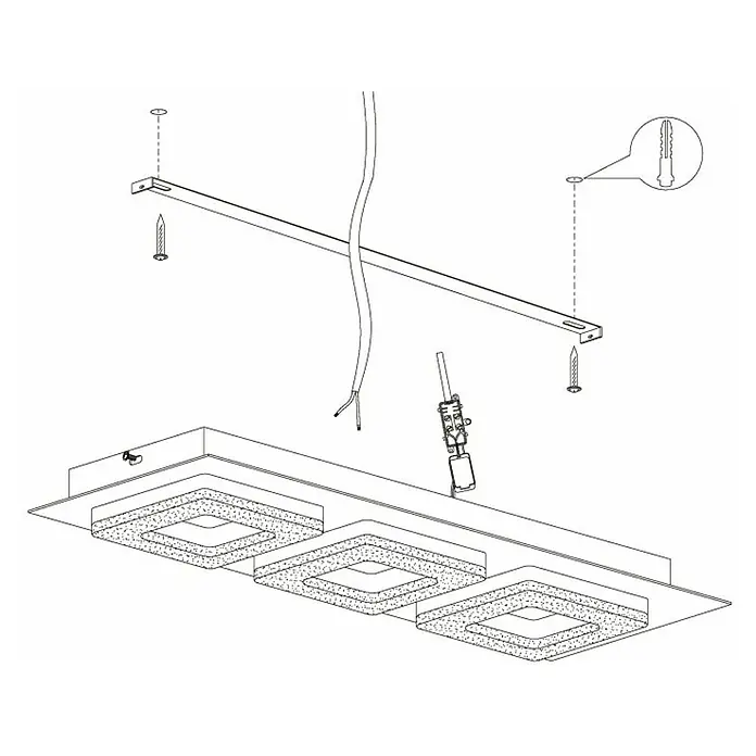 Eglo Plafón LED para pared y techo Fradelo 1 - 12 W, L x An x Al: 46 x 14 x 6 cm, Negro/blanco, Blanco cálido - Ilustración de una lámpara de techo LED moderna con tres luces cuadradas y elementos de montaje para la instalación.
