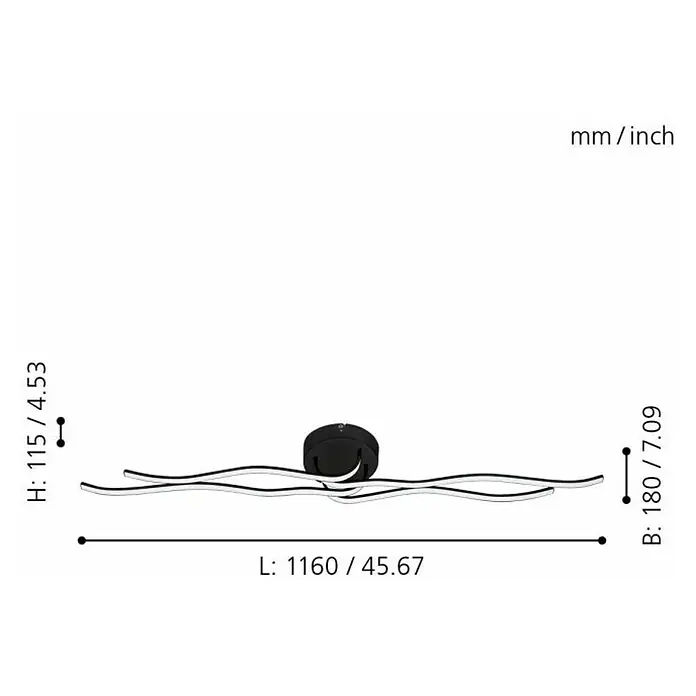 Eglo Plafón LED para pared y techo Roncade 1 - 36 W, L x An x Al: 116 x 18 x 11,5 cm, Negro/blanco, Blanco cálido - Dimensiones de la lámpara de techo, longitud 1160 mm, anchura 180 mm y altura 115 mm.