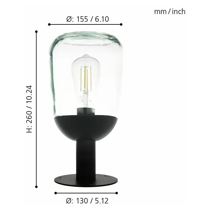 Eglo Donatori Sobremuro exterior - 60 W, Color del marco: Negro, 15,5 mm x 15,5 cm x 31 cm, Sin bombillas - Esta imagen muestra las dimensiones de una lámpara de mesa con cúpula de vidrio y base negra: altura 260 mm, diámetro superior 155 mm e inferior 130 mm.