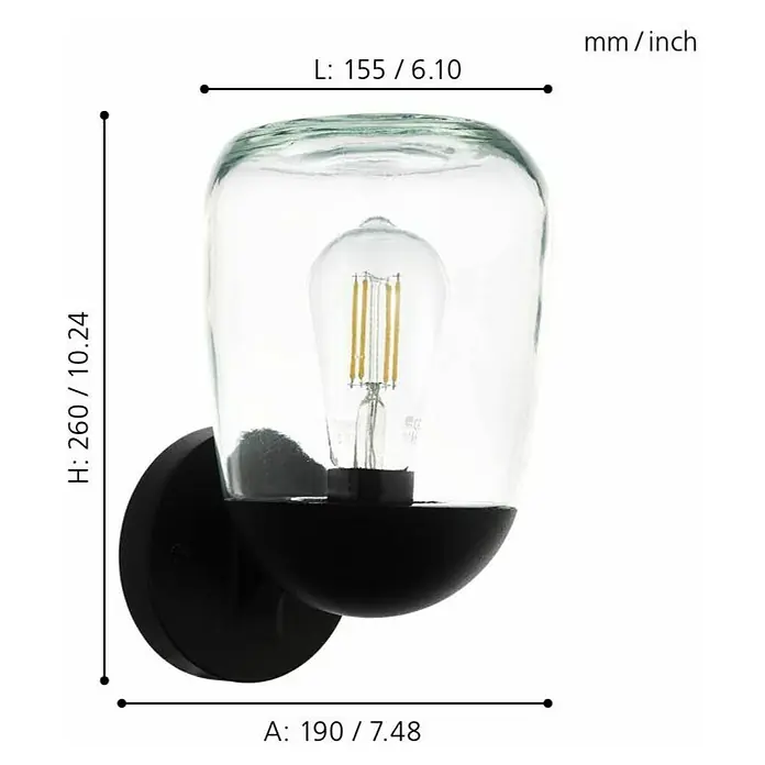 Eglo Donatori Aplique exterior - 60 W, Ø x Al: 15,5 x 26 cm, Negro, IP44 - Primer plano de una lámpara de pared elegante con dimensiones de altura 260, longitud 155 y anchura 190 mm.