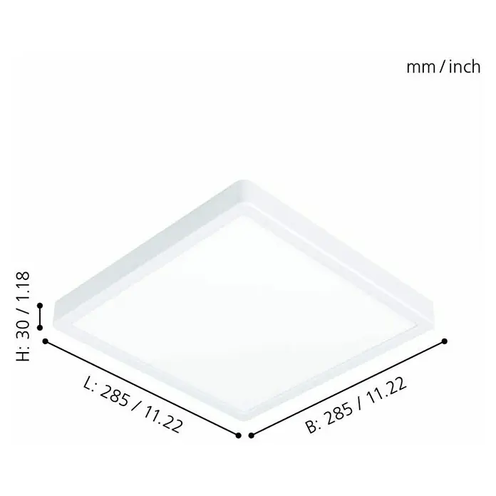 Eglo Fueva 5 LED-Deckenleuchte - 20 W, 28,5 x 28,5 x 2,8 cm, Weiß, Neutralweiß - Abbildung einer quadratischen LED-Deckenleuchte in Weiß mit Maßangaben in Millimeter und Zoll für Höhe, Länge und Breite.
