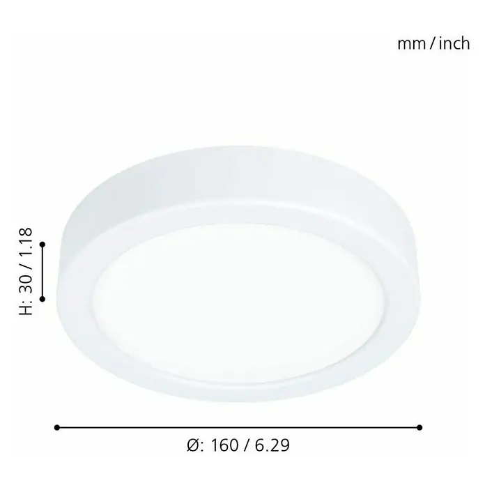 Eglo Fueva 5 LED-Deckenleuchte rund - 10,5 W, Ø x H: 16 cm x 28 mm, Weiß, Neutralweiß - Bild einer runden, weißen Deckenleuchte mit den Maßen 160 mm Durchmesser und 30 mm Höhe.