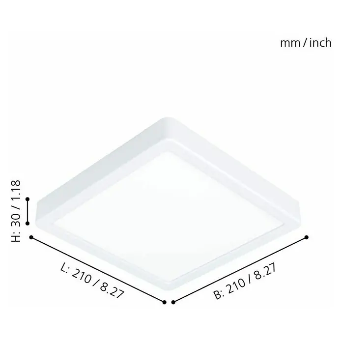 Eglo Fueva 5 LED-Deckenleuchte - 16,5 W, 21 x 21 x 2,8 cm, Weiß, Neutralweiß - Abbildung einer quadratischen LED-Deckenleuchte in Weiß mit Maßangaben zu Höhe, Länge und Breite.