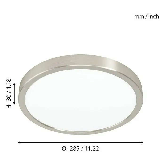 Eglo Fueva 5 LED-Deckenleuchte rund - Ø x H: 28,5 x 2,8 cm, 20 W, Stahl, Neutralweiß - Nahaufnahme einer runden Deckenleuchte mit silbernem Rahmen und Größenangaben in mm/Zoll.