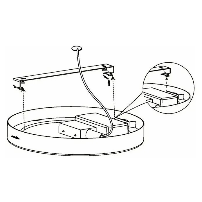 Eglo Fueva 5 LED-Deckenleuchte rund - Ø x H: 28,5 x 2,8 cm, 20 W, Stahl, Neutralweiß - Illustration einer Deckenleuchte, die an einer Halterung befestigt wird.