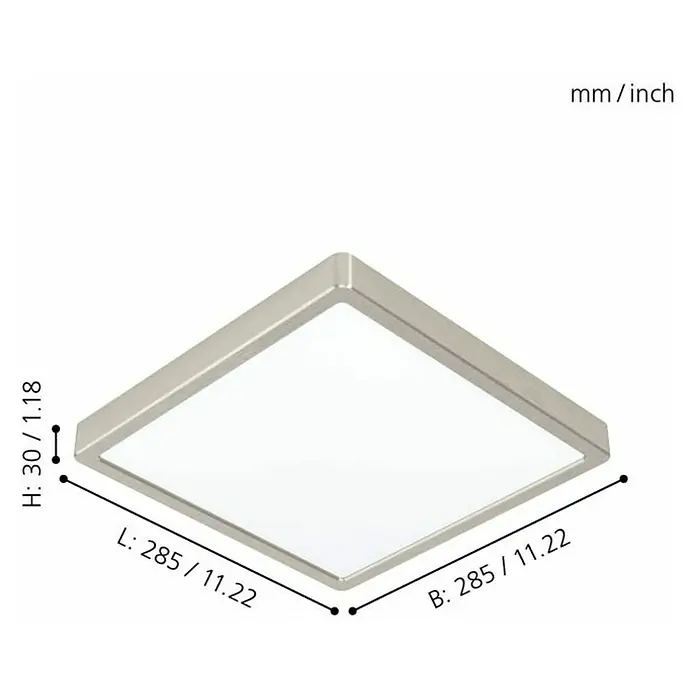 Eglo Fueva 5 LED-Deckenleuchte - 20 W, 28,5 x 28,5 x 2,8 cm, Nickel-matt, Neutralweiß - Produktbild einer quadratischen LED-Deckenleuchte mit den Maßen 285 x 285 x 30 mm.