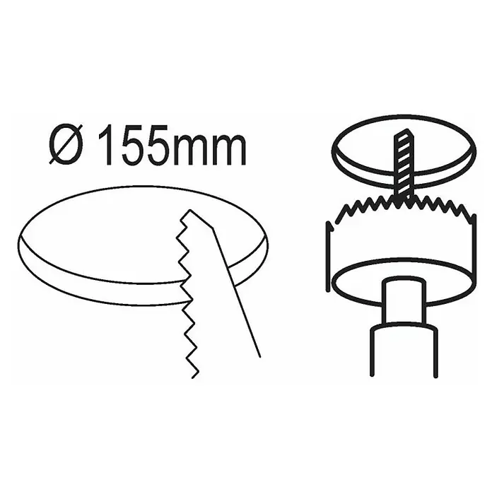 Eglo Fueva 5 LED-Einbauleuchte rund - 10,5 W, Ø x H: 16,6 cm x 2,6 mm, Neutralweiß - Illustration eines 155mm Lochsäge-Werkzeugs, das zum präzisen Schneiden von Löchern in verschiedenen Materialien verwendet wird.
