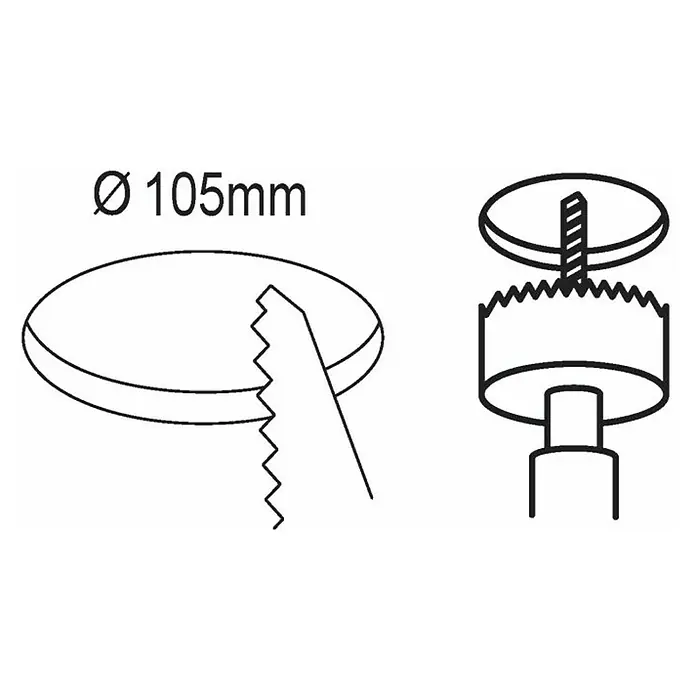 Eglo Fueva 5 LED-Einbauleuchte rund - 5,5 W, Ø x H: 11,7 x 2,6 mm, Neutralweiß - Illustration einer 105-mm-Lochsäge zum Schneiden von Löchern, ideal für Holz- und Metallbearbeitungsprojekte.