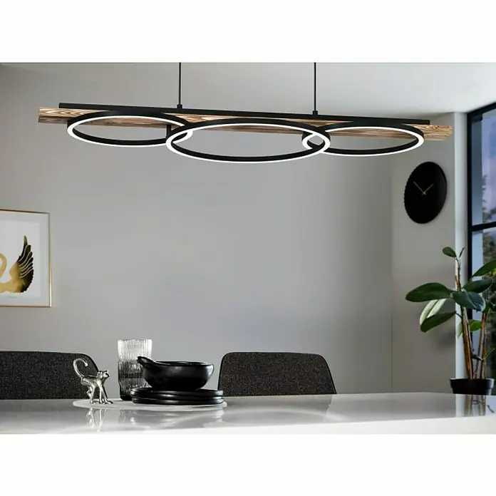 Eglo Boyal LED-Pendelleuchte - 40,5 W, L x B x H: 101 x 40 x 110 cm, Schwarz/Braun-rustikal, Warmweiß - Moderne Deckenleuchte mit drei Ringen und Holzdetails für eine stilvolle Beleuchtung im Esszimmer.