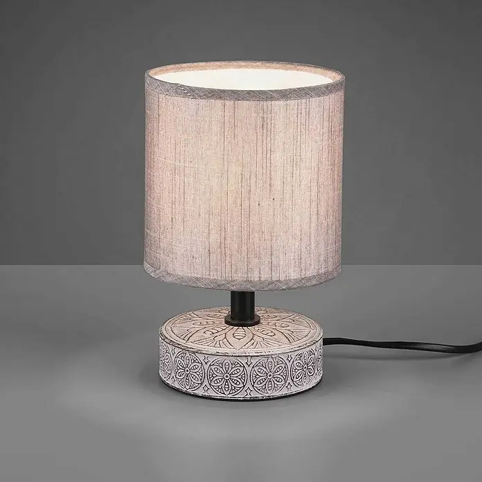 Trio Lighting Lámpara de sobremesa redonda Marie - 28 W, Ø x Al: 13 x 20,5 cm, Marrón, E14 - Esta lámpara de mesa presenta una base blanca con un patrón floral y una pantalla gris, proporcionando una luz suave y ambiental.