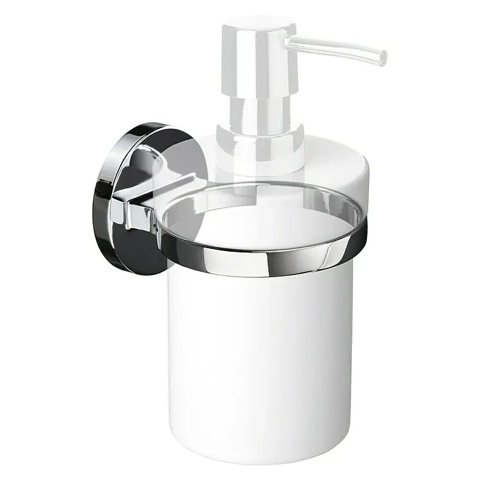 Tatay Soporte de montaje mural - Cromo, Resplandeciente - Dispensador de jabón de pared con soporte cromado brillante y recipiente de plástico blanco, ideal para baños o cocinas.