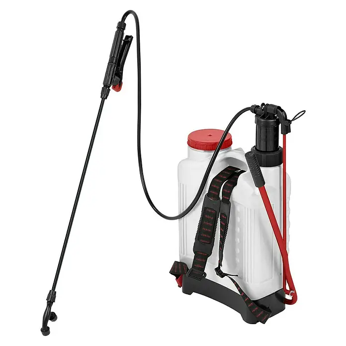 Kreator Sulfatadora KRTGR6816B - Presión de funcionamiento: 3 bar, Plástico - La imagen muestra un pulverizador de mochila con un tanque blanco, correas negras y una tapa roja, ideal para jardinería.
