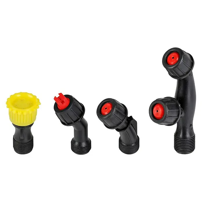 Kreator Sulfatadora KRTGR6816B - Presión de funcionamiento: 3 bar, Plástico - Imagen de cuatro accesorios de boquilla de pulverización con diferentes colores y diseños para varios pulverizadores, aislados en negro.