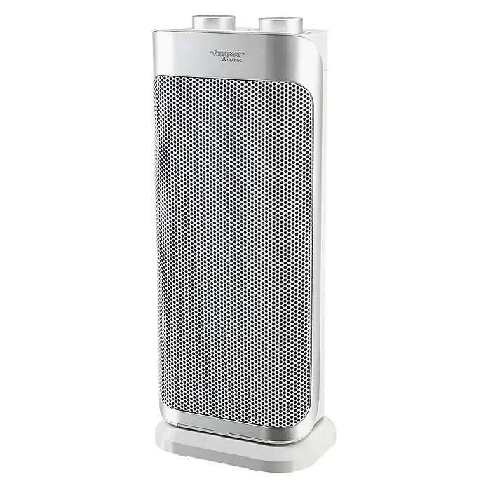 Voltomat HEATING Calefactor de aire Torre - 1.000 W - 2.000 W, Gris - En la imagen, un calentador VOROMAT, un elegante calefactor de torre blanco con una fina malla negra en la parte delantera para una distribución eficiente del calor.