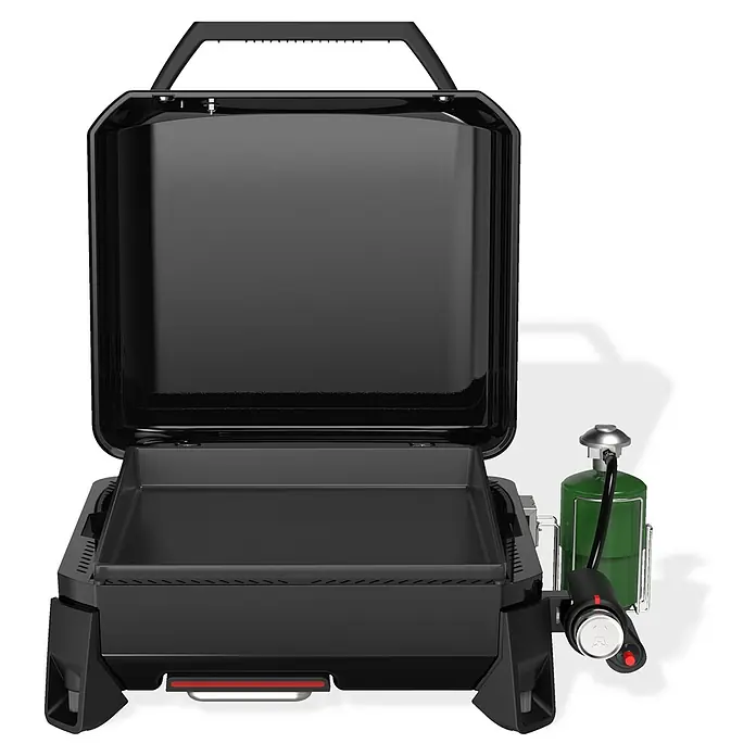 Weber Barbacoa de gas Premium - Superficie de la parrilla (An x Pr): 43 x 41 cm, 3,52 kW, Número de quemadores: 1 ud. - Vista de una parrilla portátil negra con superficie de cocción abierta y un pequeño tanque de gas verde. Ideal para camping y cocina al aire libre.
