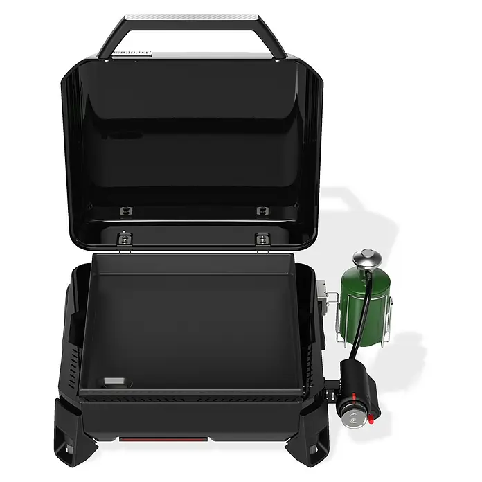 Weber Barbacoa de gas Premium - Superficie de la parrilla (An x Pr): 43 x 41 cm, 3,52 kW, Número de quemadores: 1 ud. - Barbacoa de gas portátil abierta con plancha y bombona de gas verde, ideal para cocinar en cualquier lugar.
