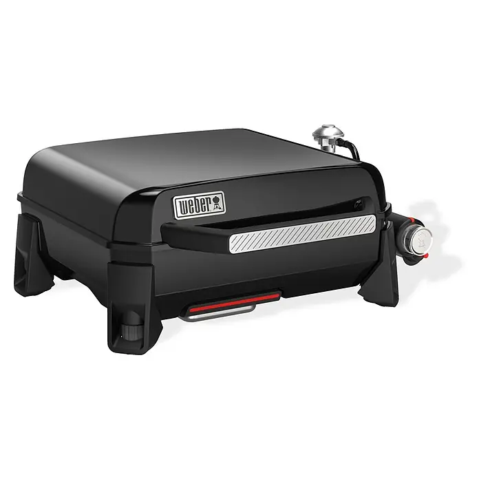 Weber Barbacoa de gas Premium - Superficie de la parrilla (An x Pr): 43 x 41 cm, 3,52 kW, Número de quemadores: 1 ud. - Parrilla de gas Weber negra con asa plateada y detalles rojos. Una parrilla compacta y portátil para asar sobre la marcha.