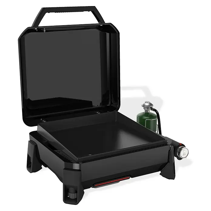 Weber Barbacoa de gas Premium - Superficie de la parrilla (An x Pr): 43 x 41 cm, 3,52 kW, Número de quemadores: 1 ud. - Parrilla portátil negra con cartucho de gas y tapa abierta, ideal para asar en movimiento.