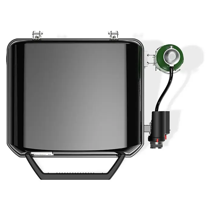 Weber Barbacoa de gas Premium - Superficie de la parrilla (An x Pr): 43 x 41 cm, 3,52 kW, Número de quemadores: 1 ud. - Vista superior de una parrilla de gas portátil negra con cilindro de gas verde, ideal para camping o parrilladas.