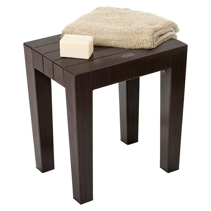 Tatay Taburete para baño Lombok - L x An x Al: 29 x 38 x 415 cm, Plástico, Cuadrado, Marrón - Taburete de ducha de madera marrón con toalla y jabón, perfecto para el baño y brinda confort.